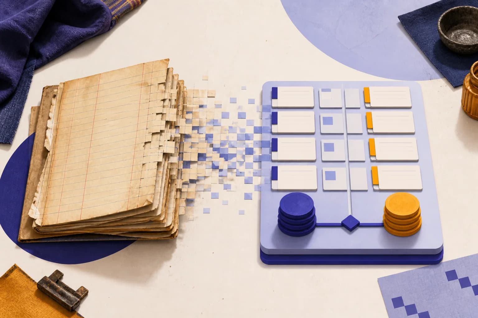 Editorial illustration of a paper shop ledger transforming into a structured digital record.