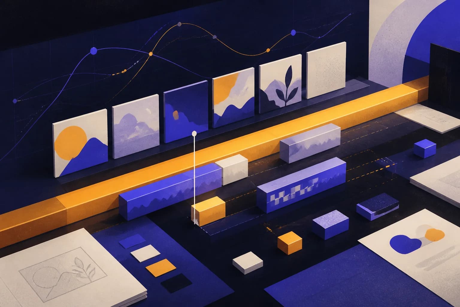 Editorial illustration of motion curves, video frames, and editing blocks arranged on a development rail.