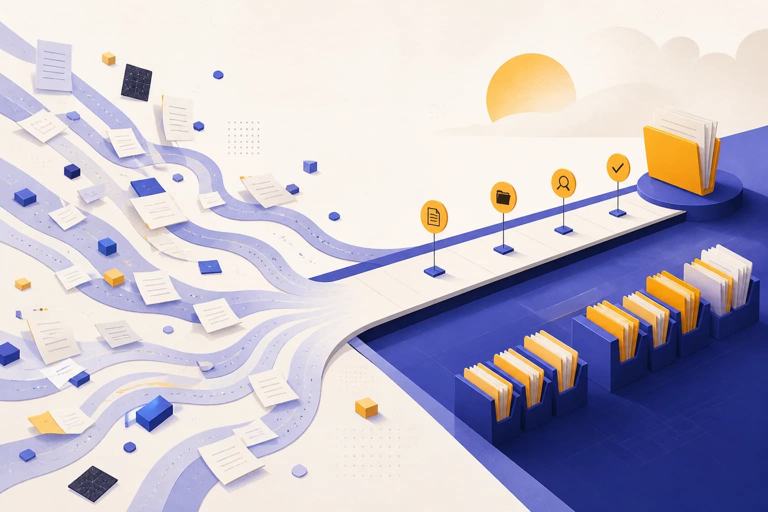 Editorial illustration of scattered practice documents converging into an orderly review runway.